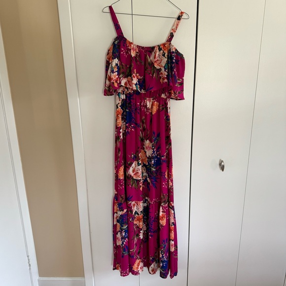 Magenta Floral Ruffle Open Shoulder Maxi Dress - PinkBlush - Size L - Picture 4 of 5